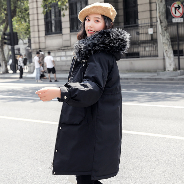 Modern női hosszú téli kabát kapucnival és zsebekkel, három színben