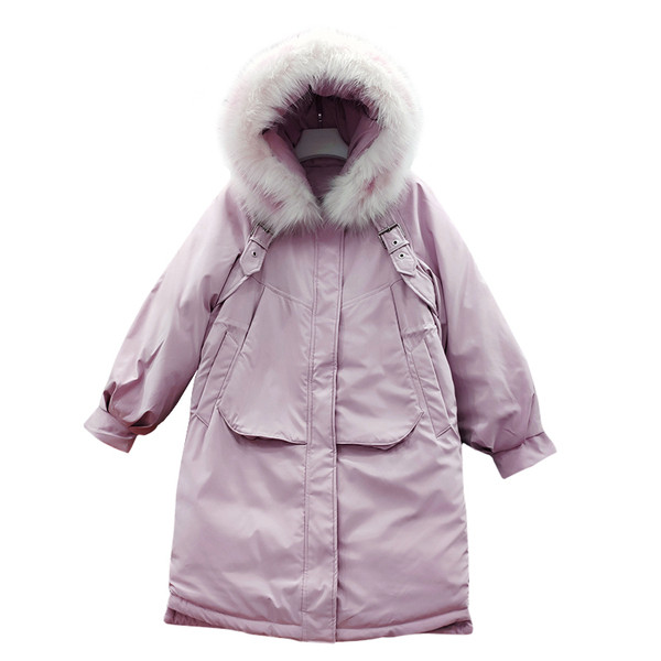 Modern női hosszú téli kabát kapucnival és zsebekkel, három színben