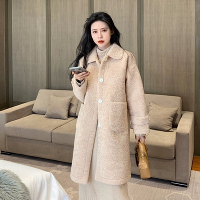 Palton casual de dama cu nasturi si buzunar in bej si alb