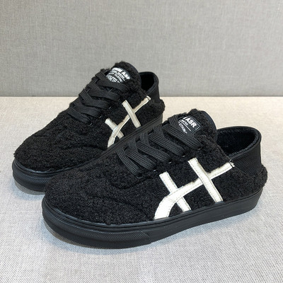 Adidasi de iarna de dama cu sireturi in negru si bej