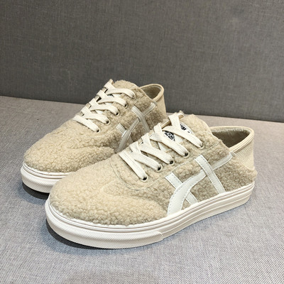 Adidasi de iarna de dama cu sireturi in negru si bej