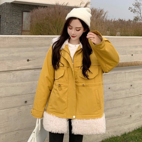 Jachetă modernă de damă cu nasturi și căptușeală moale în verde, galben și gri