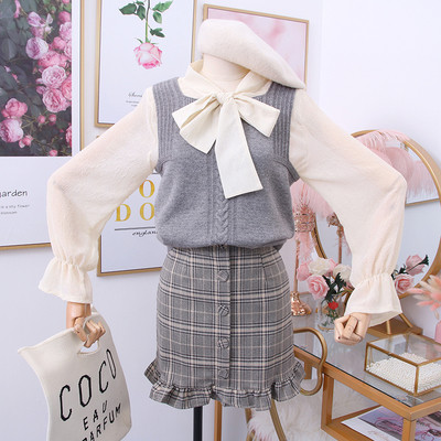 Set de dama model nou format camasa + vesta in negru, gri si bej