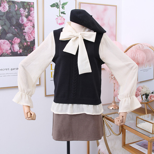 Set de dama model nou format camasa + vesta in negru, gri si bej