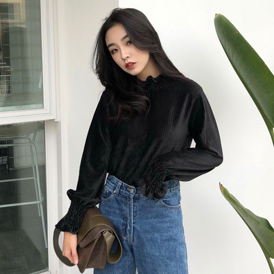 Bluză de damă modernă cu guler înalt în maro și negru