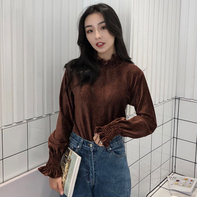 Bluză de damă modernă cu guler înalt în maro și negru