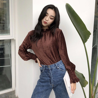 Bluză de damă modernă cu guler înalt în maro și negru