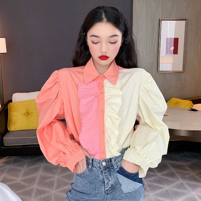 Γυναικείο κομψό πουκάμισο με μακριά μανίκια σε μπλε και ροζ χρώμα