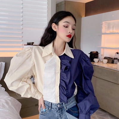 Γυναικείο κομψό πουκάμισο με μακριά μανίκια σε μπλε και ροζ χρώμα