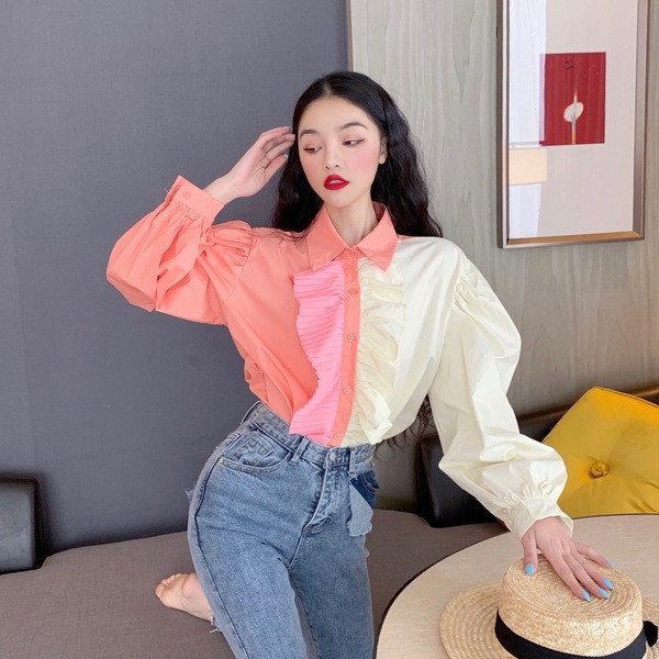 Γυναικείο κομψό πουκάμισο με μακριά μανίκια σε μπλε και ροζ χρώμα