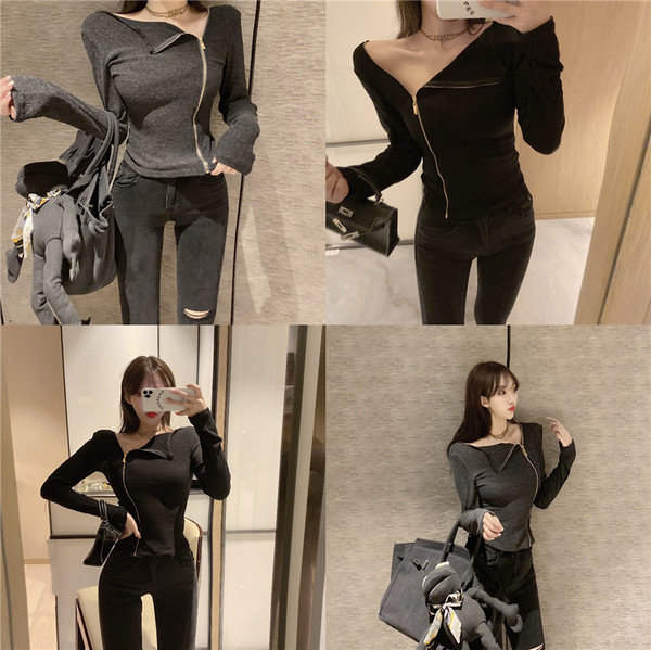 Bluză de damă modernă cu fermoar și mâneci lungi în negru și gri