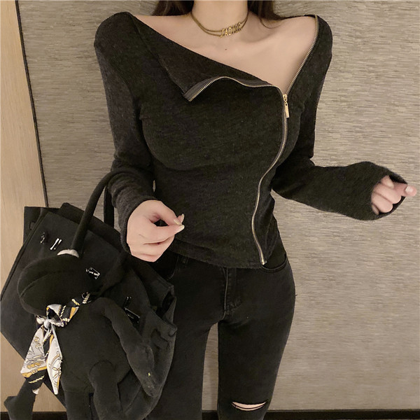 Bluză de damă modernă cu fermoar și mâneci lungi în negru și gri