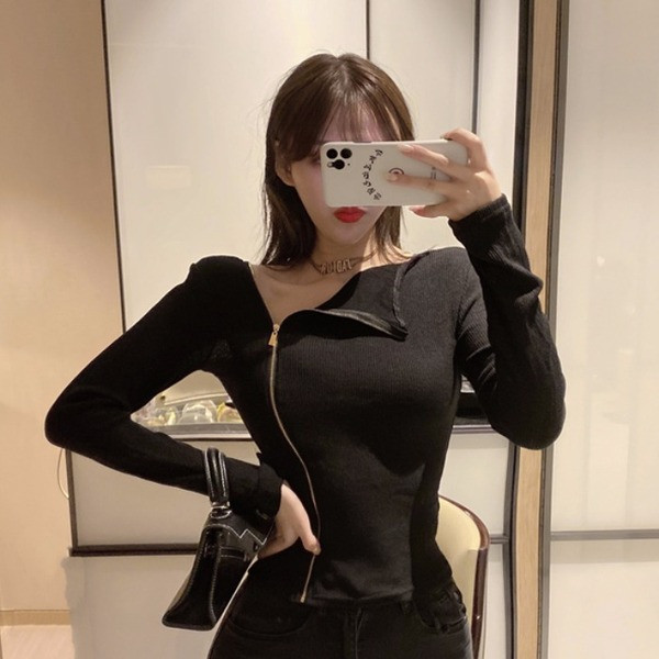 Bluză de damă modernă cu fermoar și mâneci lungi în negru și gri