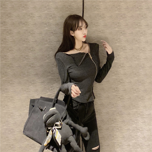 Bluză de damă modernă cu fermoar și mâneci lungi în negru și gri