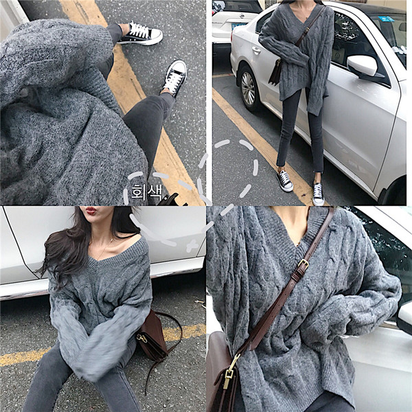 Pulover lat cu decolteu spitz în gri și bej