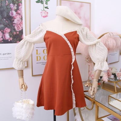 Rochie casual de dama cu decolteu spitz in maro, portocaliu si negru