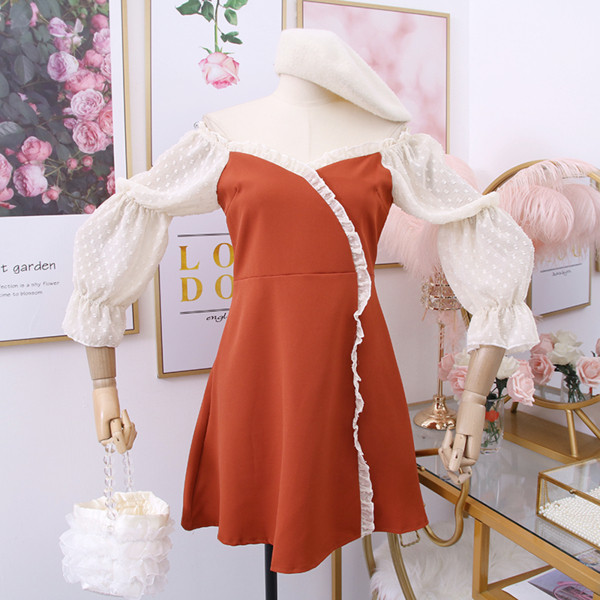 Rochie casual de dama cu decolteu spitz in maro, portocaliu si negru