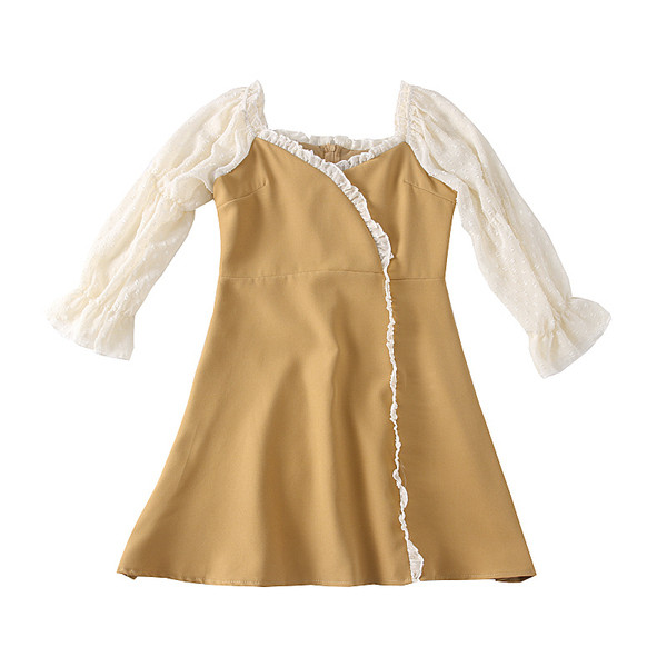 Rochie casual de dama cu decolteu spitz in maro, portocaliu si negru