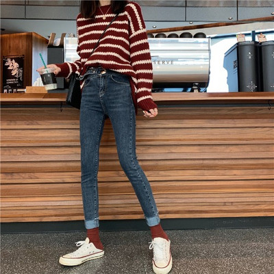 Blugi de damă în formă de albastru și negru, cu talie înaltă