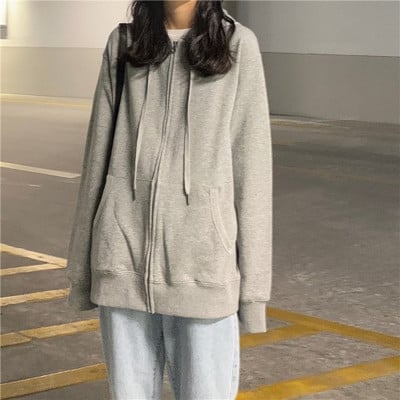 Hanorac de dama cu buzunare, fermoar si gluga de culoare gri si visiniu