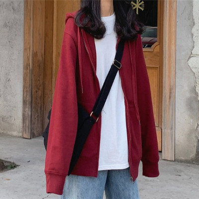 Hanorac de dama cu buzunare, fermoar si gluga de culoare gri si visiniu