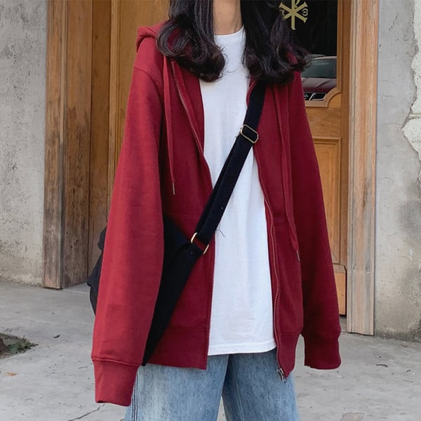 Hanorac de dama cu buzunare, fermoar si gluga de culoare gri si visiniu