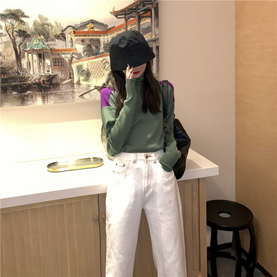 Pulover de dama cu guler polo in doua culori - model uni