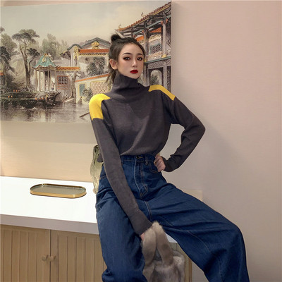 Pulover de dama cu guler polo in doua culori - model uni