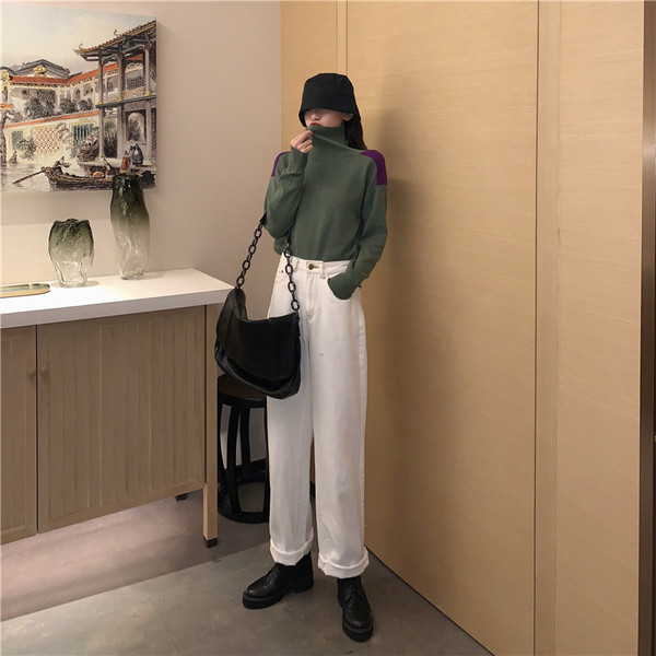 Pulover de dama cu guler polo in doua culori - model uni