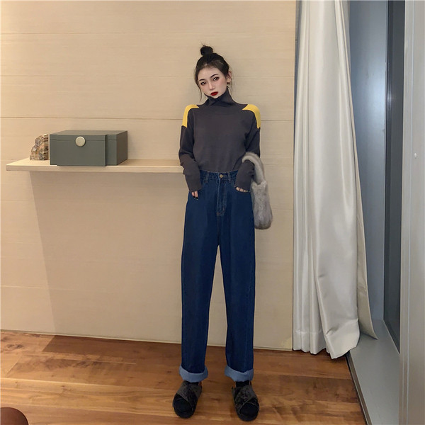 Pulover de dama cu guler polo in doua culori - model uni