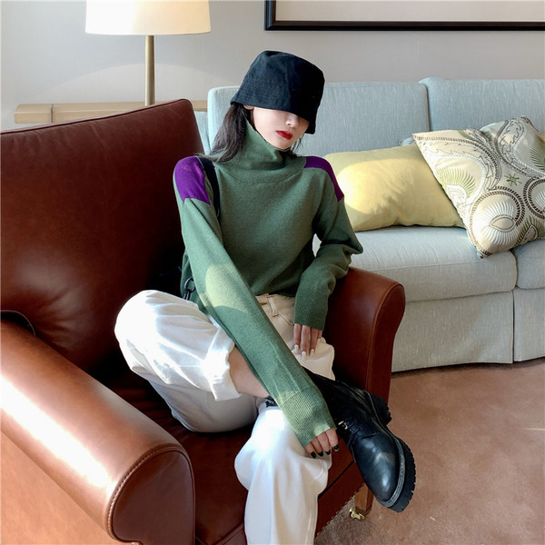 Pulover de dama cu guler polo in doua culori - model uni