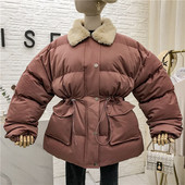 Geaca de iarna dama cu guler in puf si legaturi in talie in mai multe culori