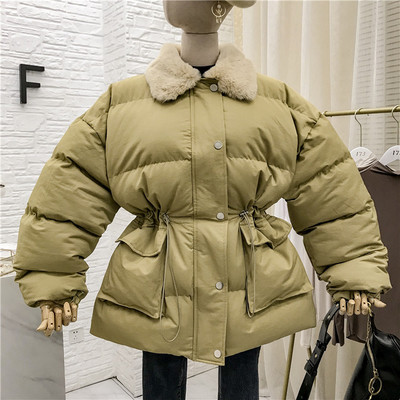 Geaca de iarna dama cu guler in puf si legaturi in talie in mai multe culori