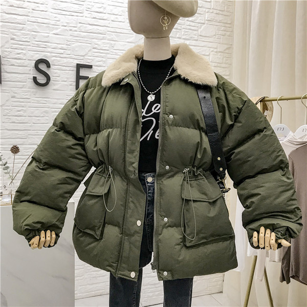 Geaca de iarna dama cu guler in puf si legaturi in talie in mai multe culori