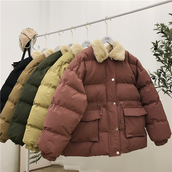 Geaca de iarna dama cu guler in puf si legaturi in talie in mai multe culori