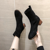 Cizme de dama elegante de culoare neagra cu toc gros din piele intoarsa ecologica