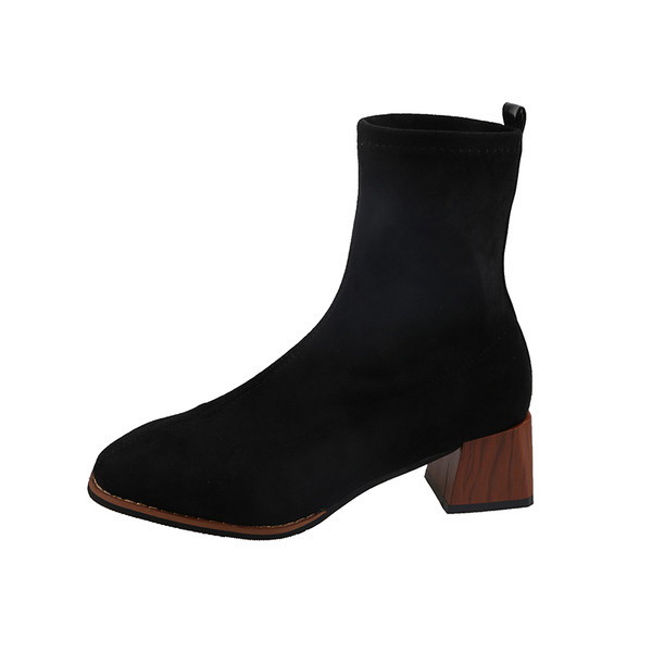 Cizme de dama elegante de culoare neagra cu toc gros din piele intoarsa ecologica