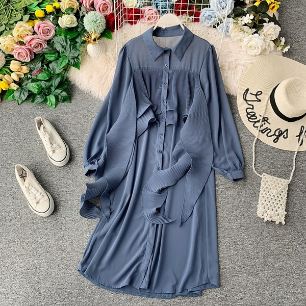 Rochie moderna de dama cu maneci largi si nasturi in mai multe culori