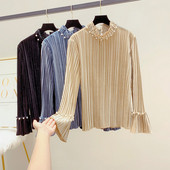 Bluză de damă elegantă din catifea cu perle în trei culori