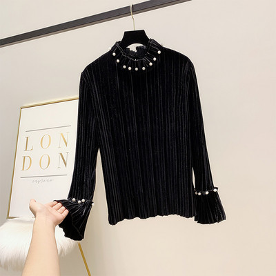 Bluză de damă elegantă din catifea cu perle în trei culori