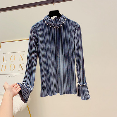 Bluză de damă elegantă din catifea cu perle în trei culori