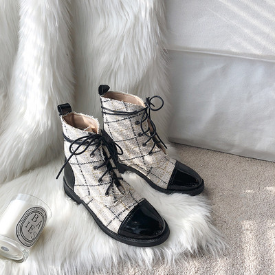 Cizme moderne de dama cu sireturi in alb-negru