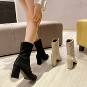 Cizme de dama stilate din piele intoarsa model ascutit cu toc gros