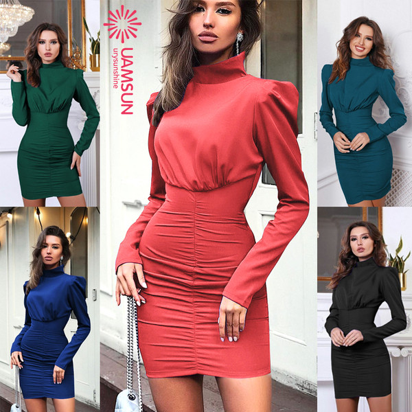 Rochie scurtă de damă modernă cu mâneci lungi și guler înalt în cinci culori