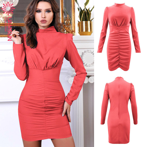 Rochie scurtă de damă modernă cu mâneci lungi și guler înalt în cinci culori