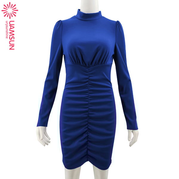 Rochie scurtă de damă modernă cu mâneci lungi și guler înalt în cinci culori