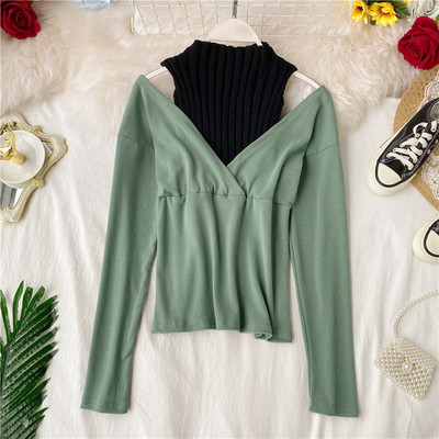 Bluză de damă modernă cu guler înalt și umeri goi în cinci culori