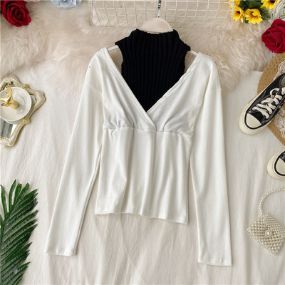 Bluză de damă modernă cu guler înalt și umeri goi în cinci culori