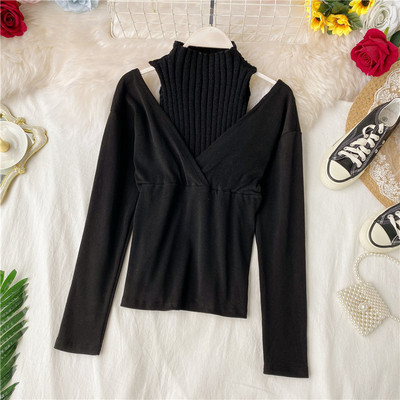 Bluză de damă modernă cu guler înalt și umeri goi în cinci culori