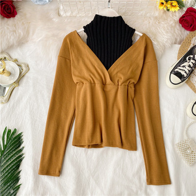 Bluză de damă modernă cu guler înalt și umeri goi în cinci culori